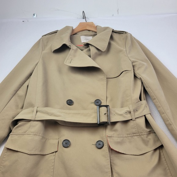 LOFT Womens Double Breasted Trench Coat Size 8 Khaki Lined Belted Timeless - Picture 10 of 16